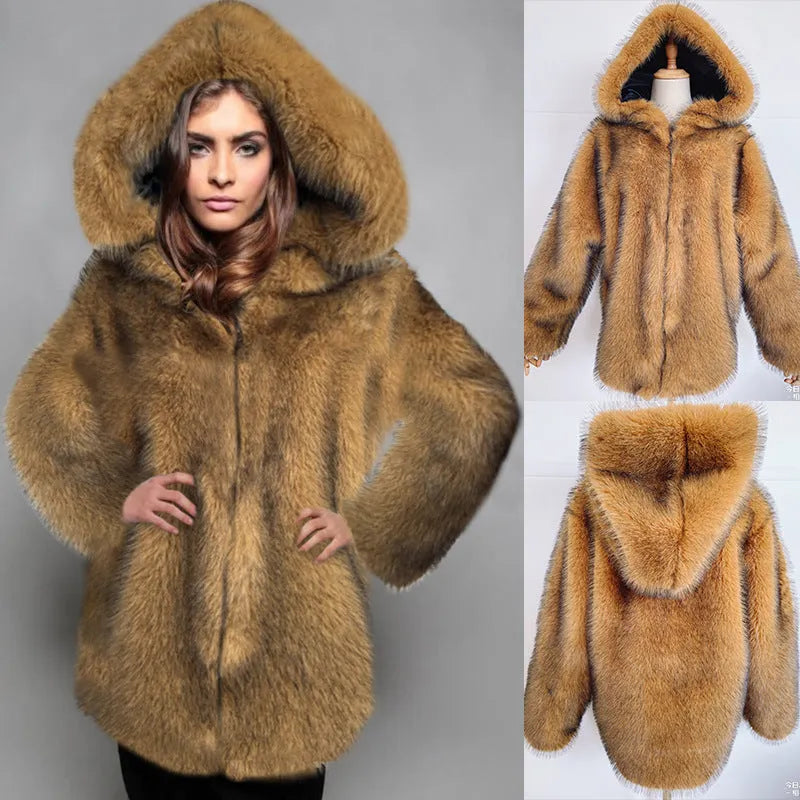 Women's silver grey artificial fur coat with loose fit and 65cm mid-length cut