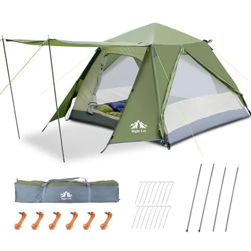 Dark green automatic pop-up camping tent for 2 people with waterproof rainfly