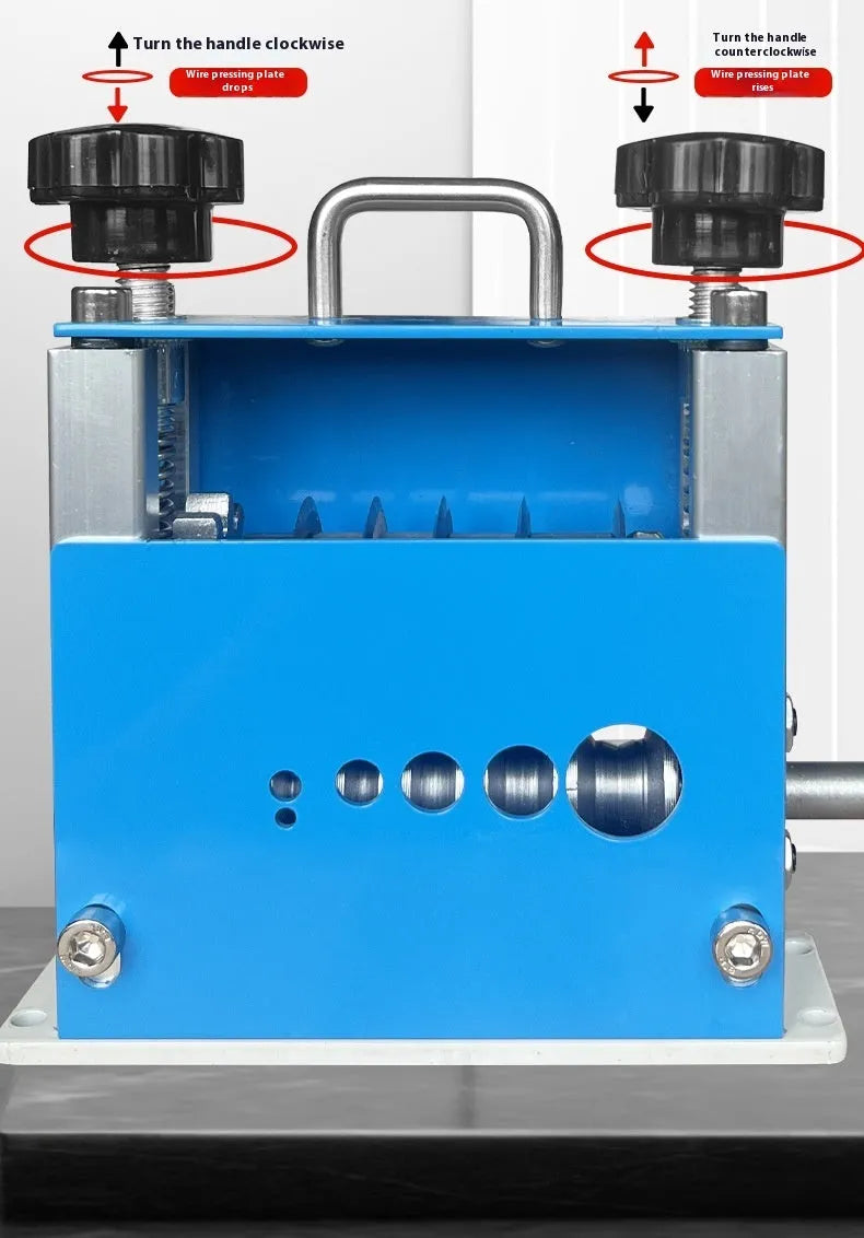 Manual wire stripping machine model SD-017 on a work surface.
