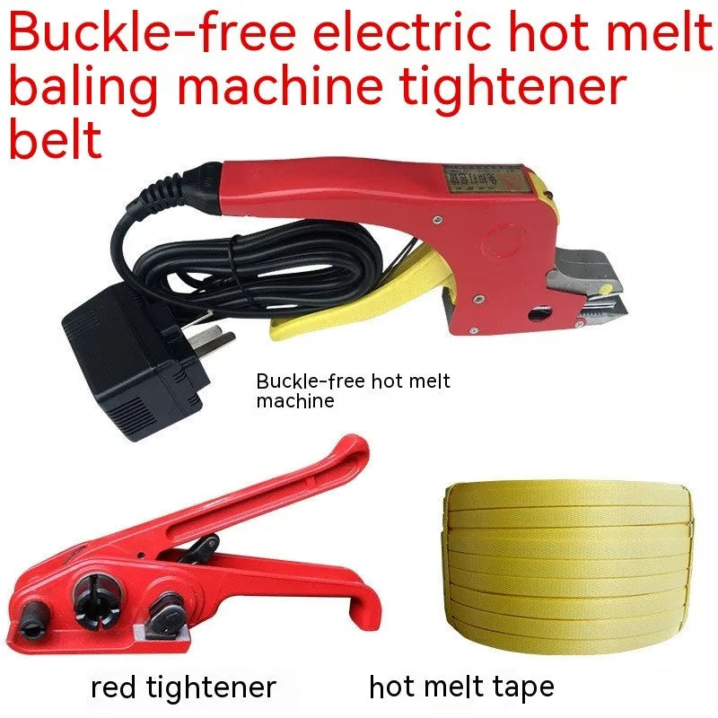 Electric hot melt packing machine with plastic steel tensioner and yellow packaging tape