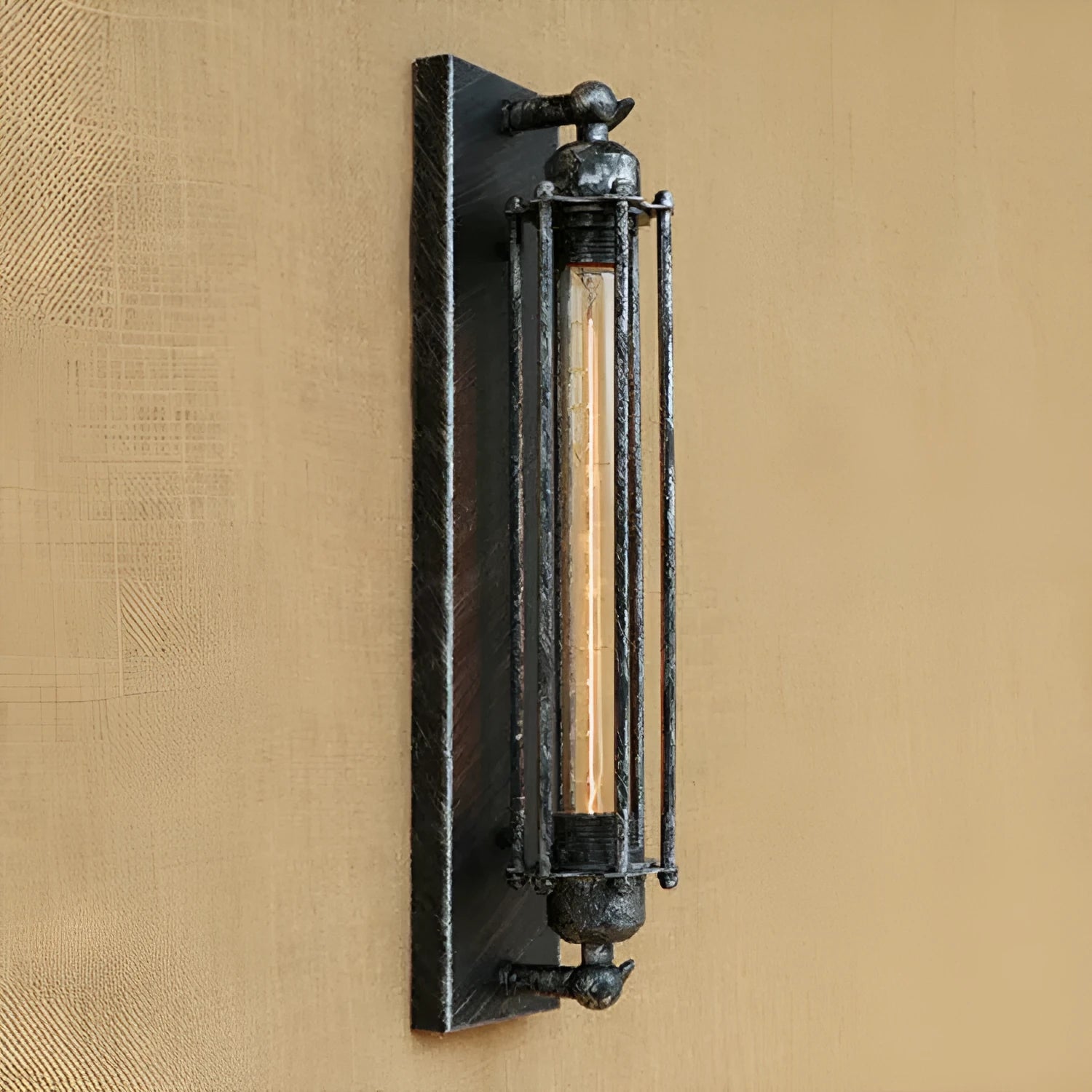 Industrial retro style iron flute wall lamp in antique finish, tall vertical design.