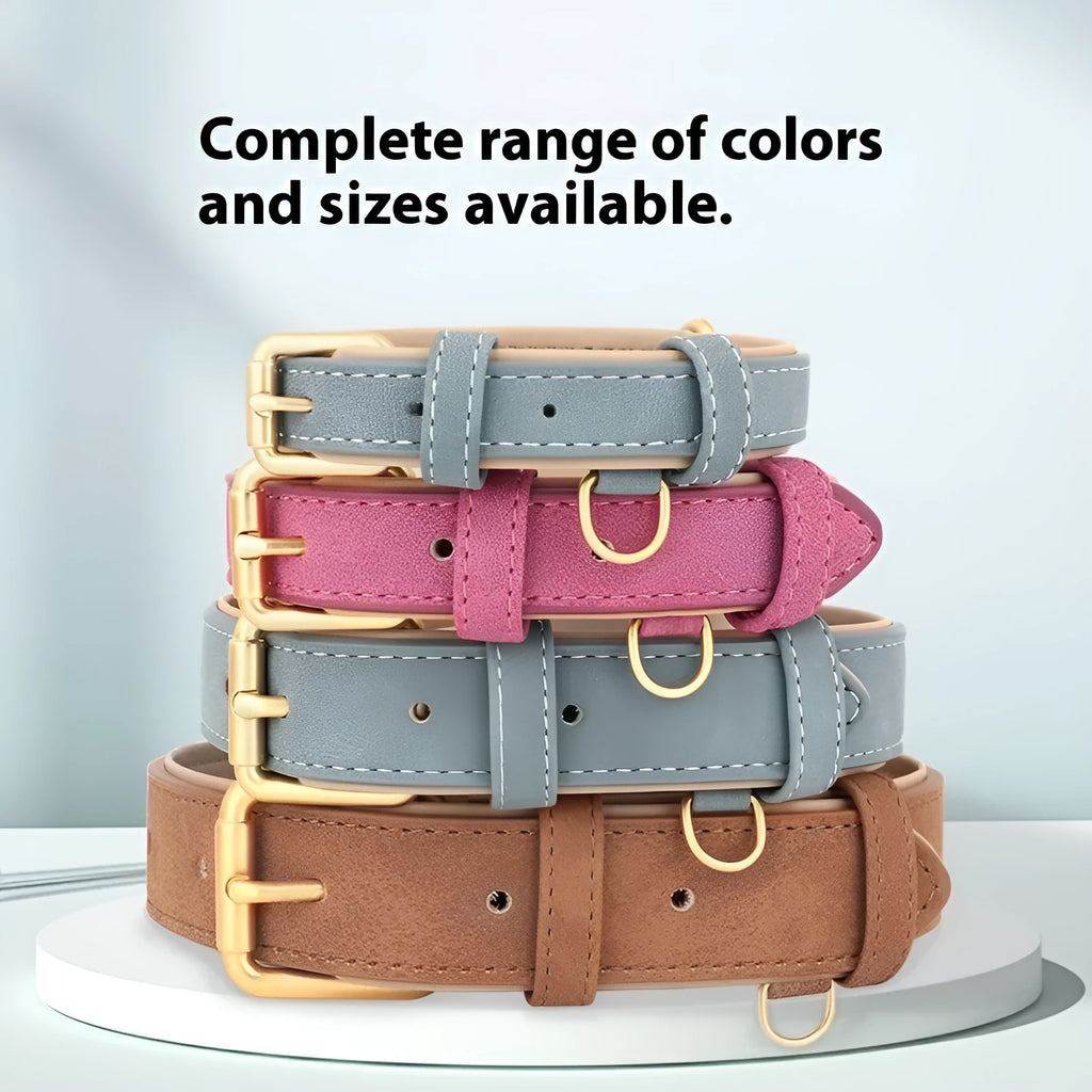 Mohair leather double-layer dog collar and matching lead in blue, shown on a size chart for S, M, L, and XL.