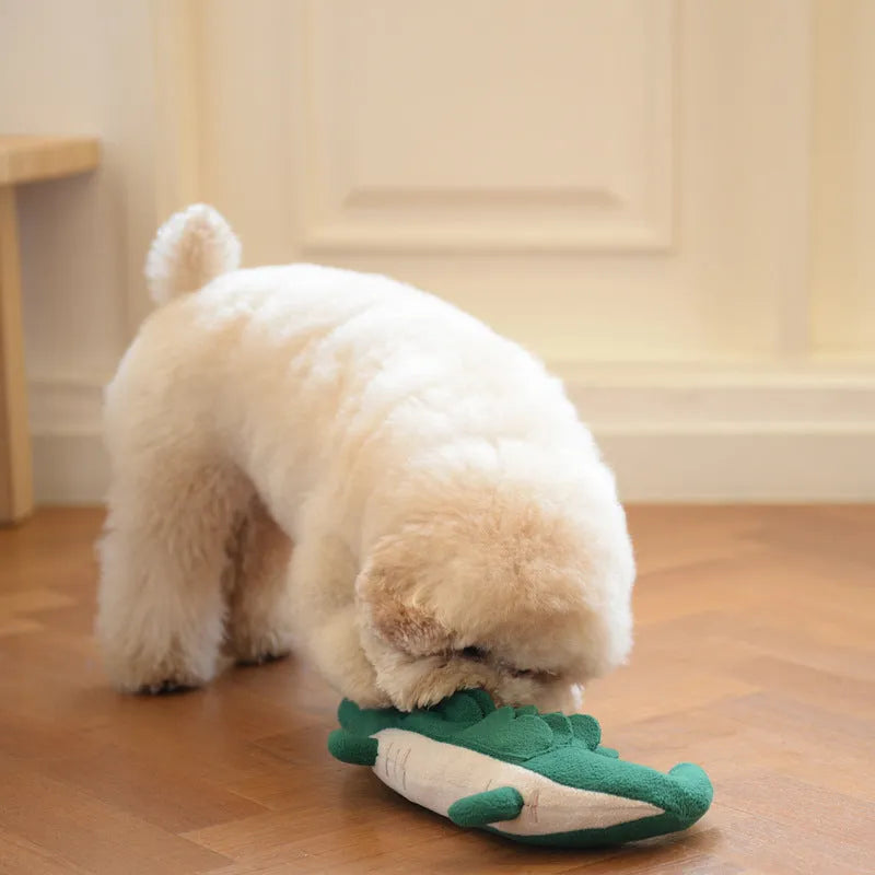 Green plush toy dog on a white background showing its 35x18cm size