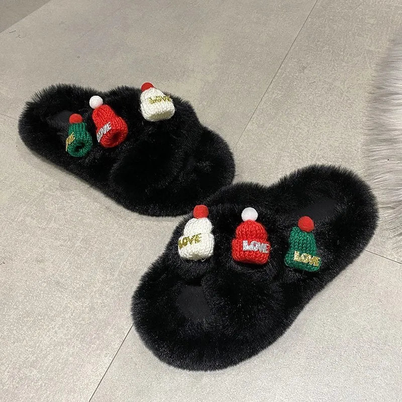 Women's Christmas slippers with red Santa hat decoration on a super hairy faux plush upper.