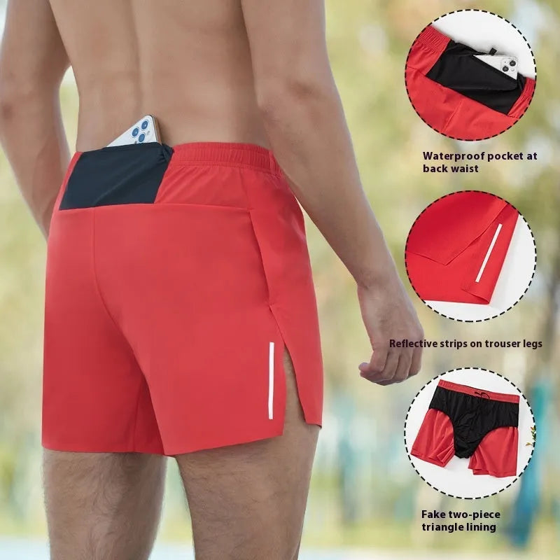Men's black off-road running shorts with a loose fit and high waist, shown for running activity.