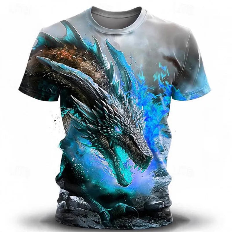 Men's 3D wind dragon printed short-sleeved T-shirt in milk silk polyester fabric