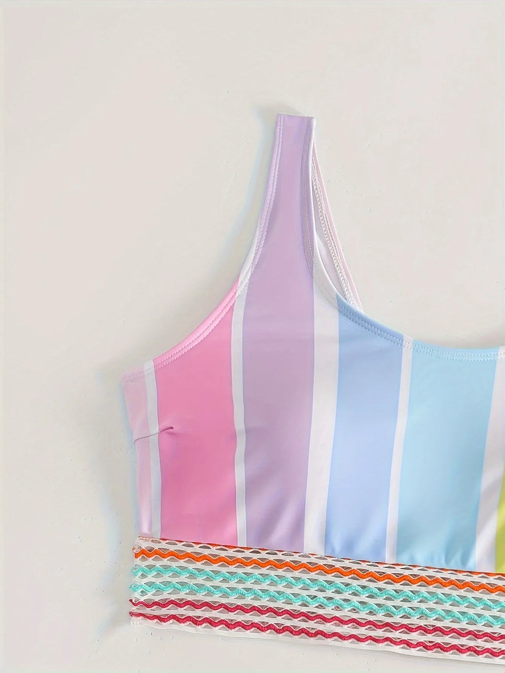 Women's striped sports bikini set with briefs bottom, shown in picture colour.