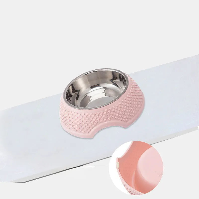 Blue stainless steel pet bowl with non-slip base for cats and dogs on a floor