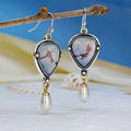 Retro blue drop earrings with synthetic opal, white pearls, and geometric bohemian design