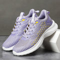 Women's Lavender Purple Flyknit running shoes with striped pattern, mesh upper, and flat EVA sole.