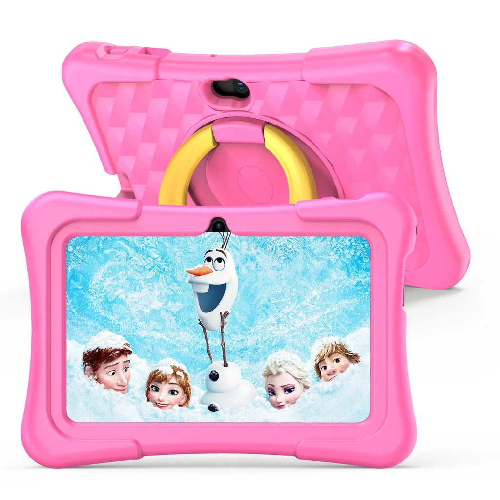 Blue children's educational tablet with a silicone cover attached, showing the rotating handle bracket on the back.