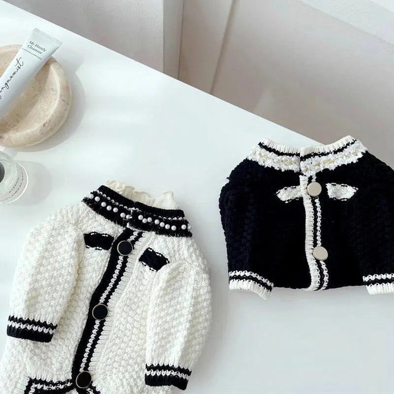 Korean style white puppy sweater with pearl collar for small dogs