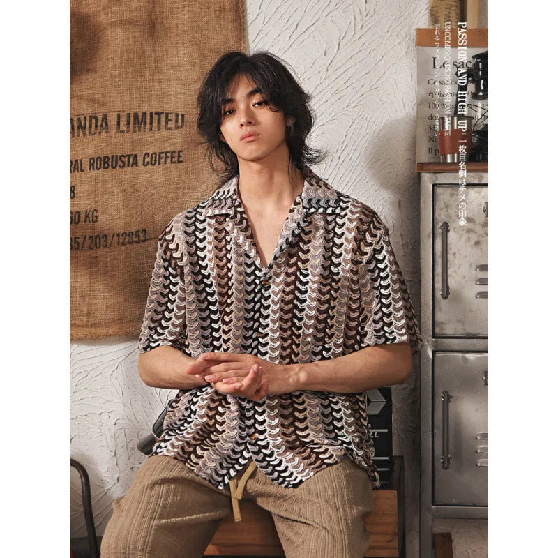 Grey and red men's Cuban collar short sleeve shirt with Japanese jacquard pattern, slim fit.
