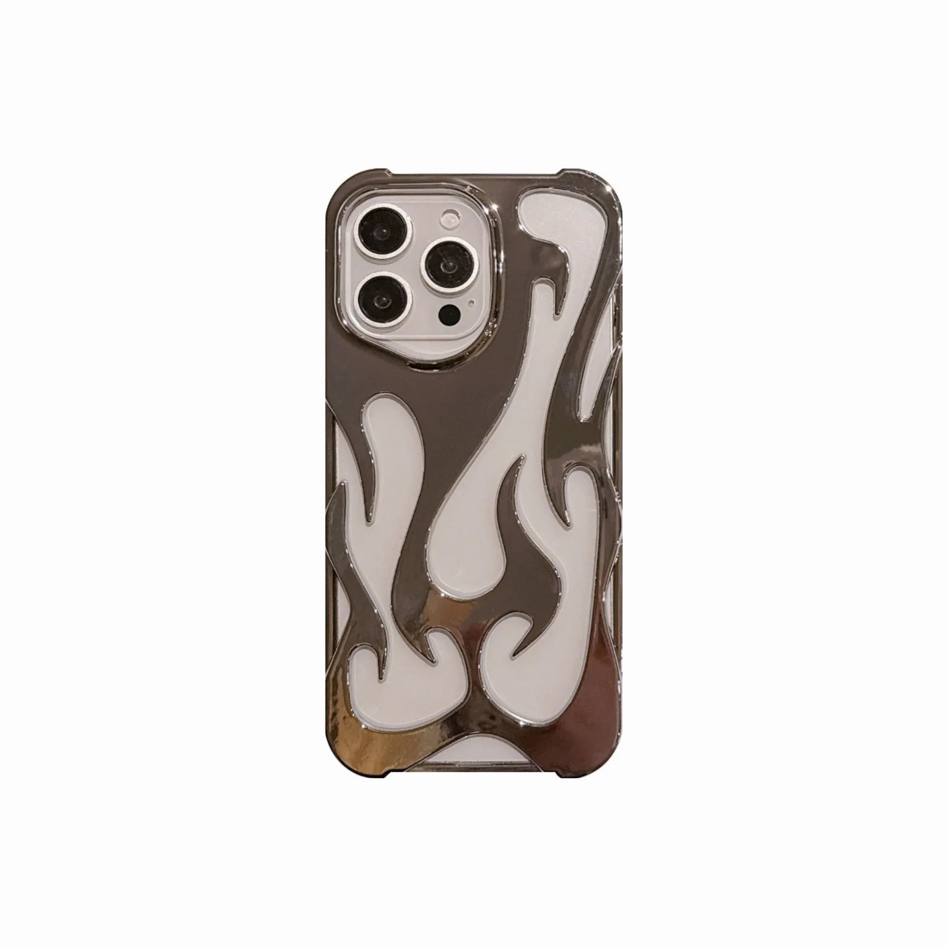 Electroplated hollow flame pattern design on a soft TPU iPhone case, shown in a silver finish.
