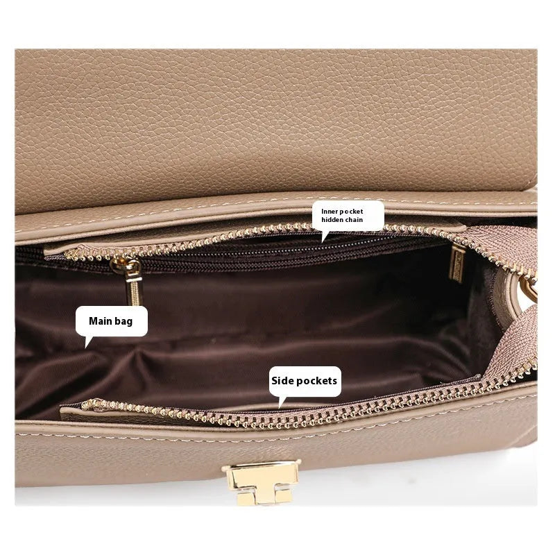 Elephant grey square genuine leather handbag with a vintage lock and textured litchi pattern.