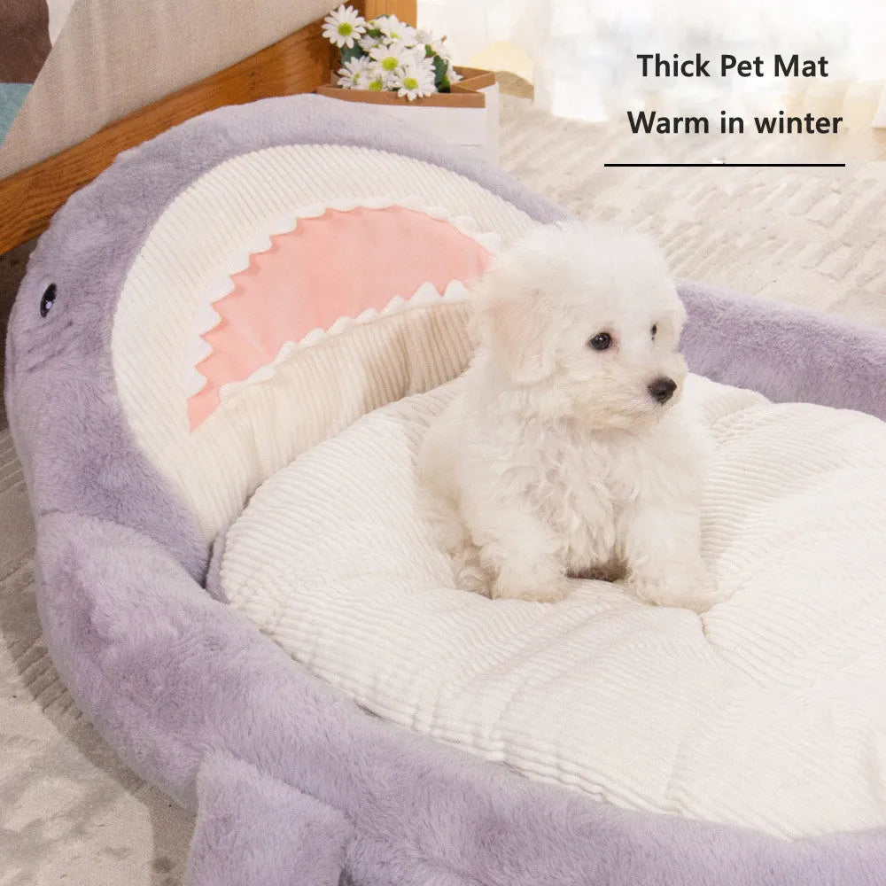 Blue shark pattern velvet pet bed cushion with non-slip bottom for small to medium dogs