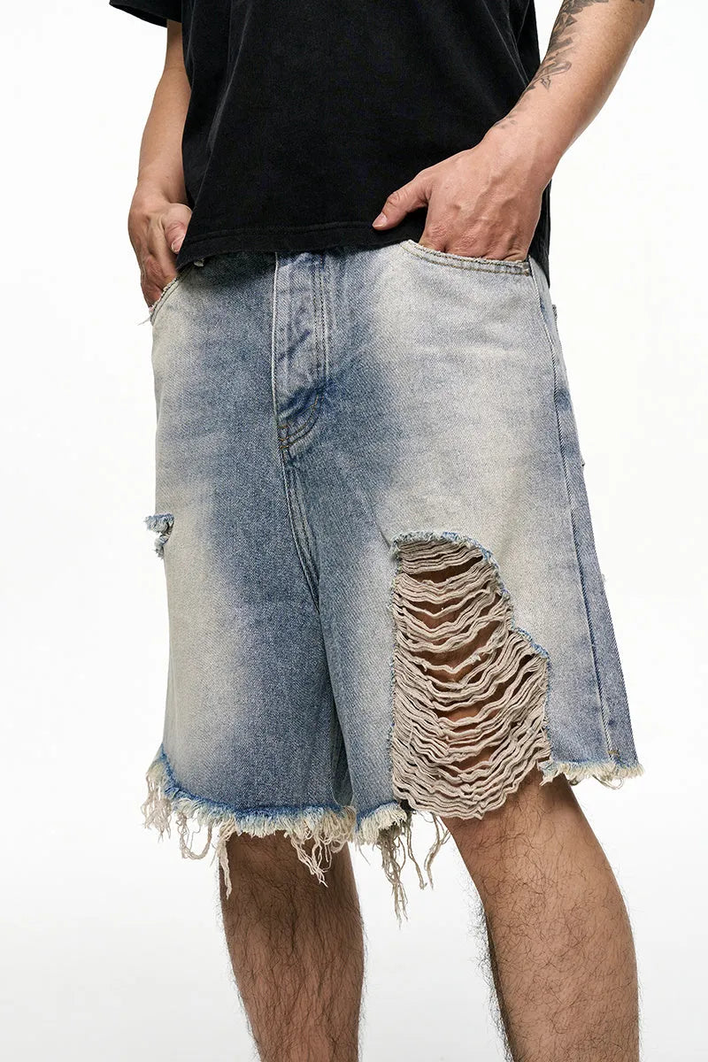 Light blue washed denim shorts for men with a baggy wide-leg vintage cut.