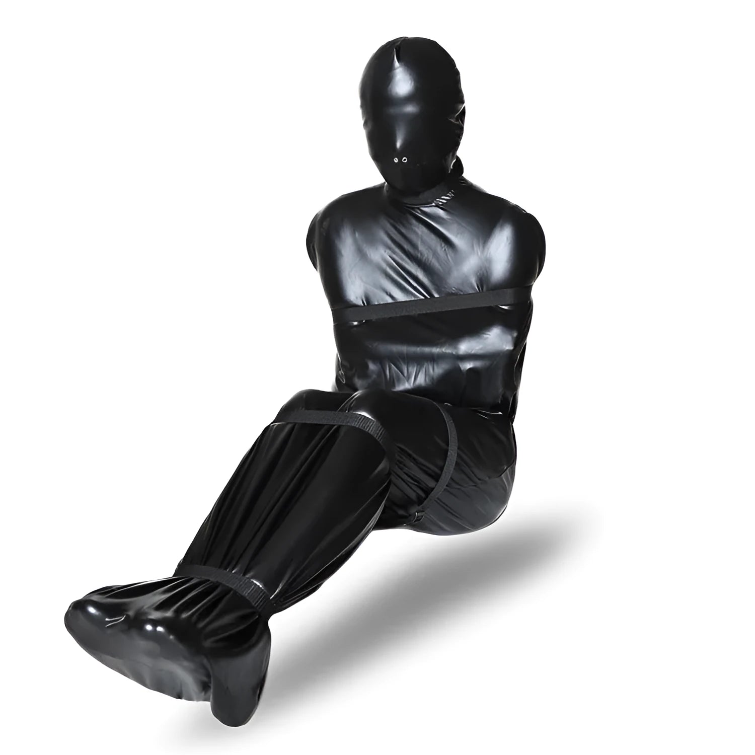 Black patent leather full-coverage body wrap with six ratchet tie down straps laid out.