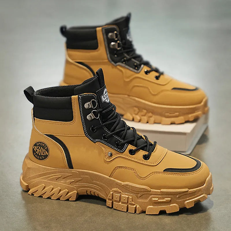 Men's black and yellow Martin work boots with artificial PU upper and mid-calf height