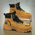 Men's black and yellow Martin work boots with artificial PU upper and mid-calf height