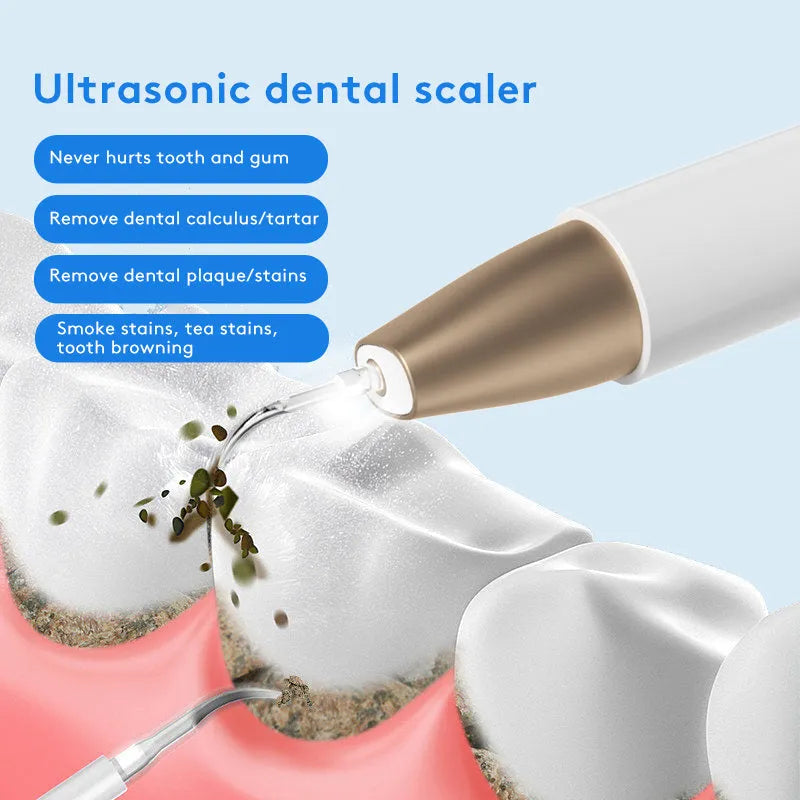 Gold-coloured ultrasonic tooth cleaning device for tartar and stain removal