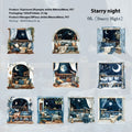 Set of six retro window scene decorative stickers for journals, showing garden, seaside, and street corner designs.