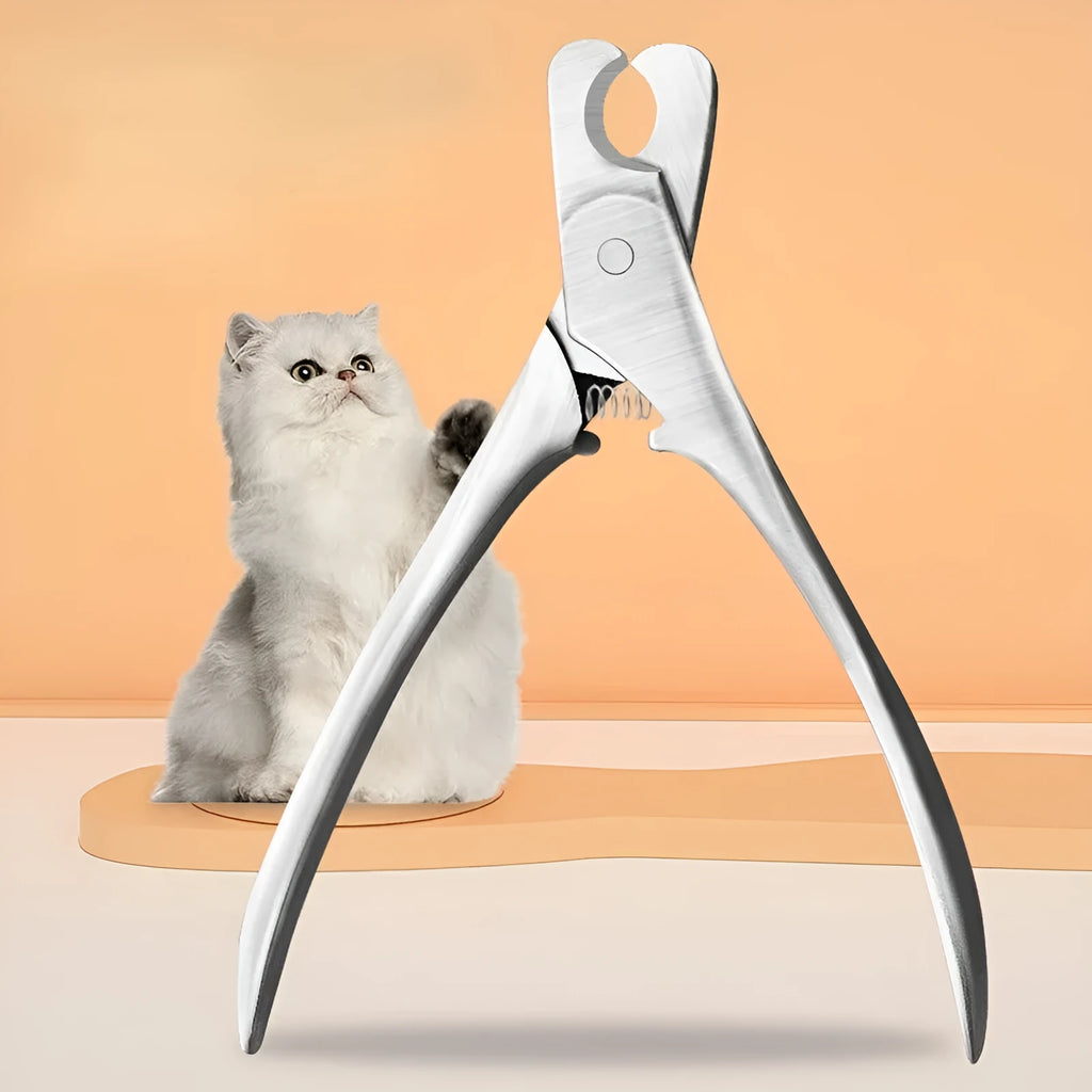 Professional stainless steel pet nail clipper with safety stop guard and finger ring for dog and cat grooming.