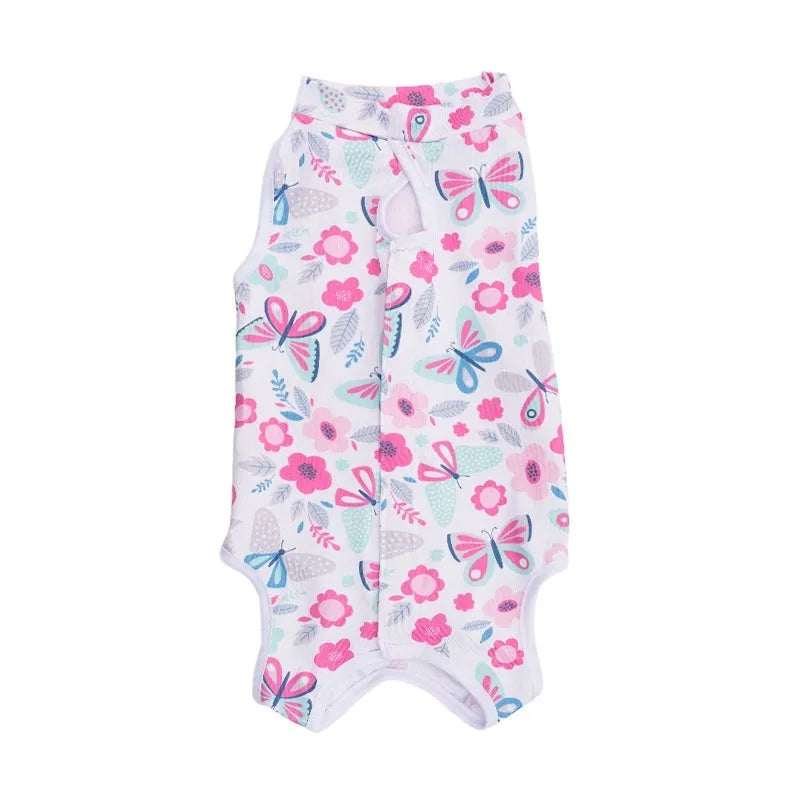 Polyester cat surgical recovery suit with Velcro fastenings in a printed design, sizes S M L XL.