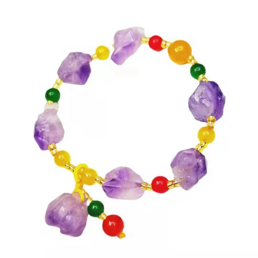 Natural purple amethyst bead bracelet for women with a silver Fu character charm.