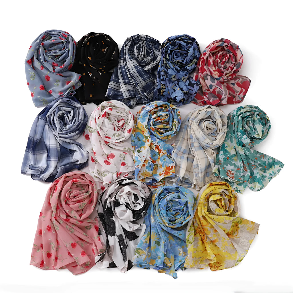 Printed polyester chiffon scarf with plaid maple leaf pattern in 70x175cm size
