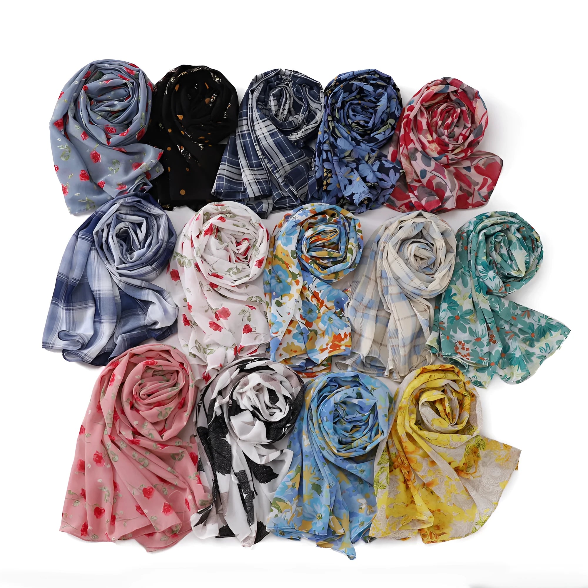 Printed polyester chiffon scarf with plaid maple leaf pattern in 70x175cm size