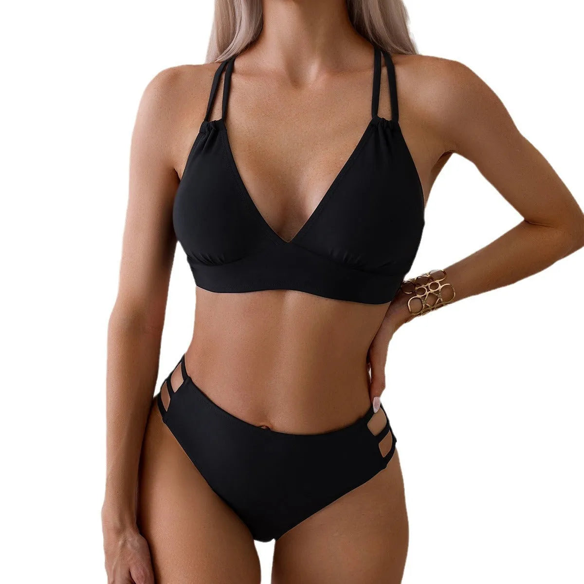 Women's V-neck halter bikini with split shorts in one of six colour options.