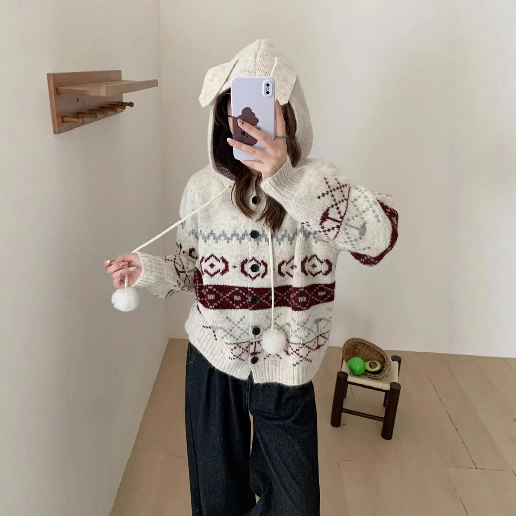 Plus size women's loose fit brocade sweater coat with geometric pattern in beige colour