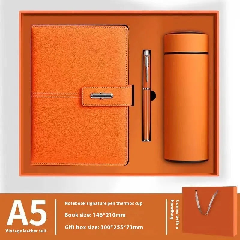 A5 notebook with PU leather cover in one of six colour options, showing wood-free paper inside.