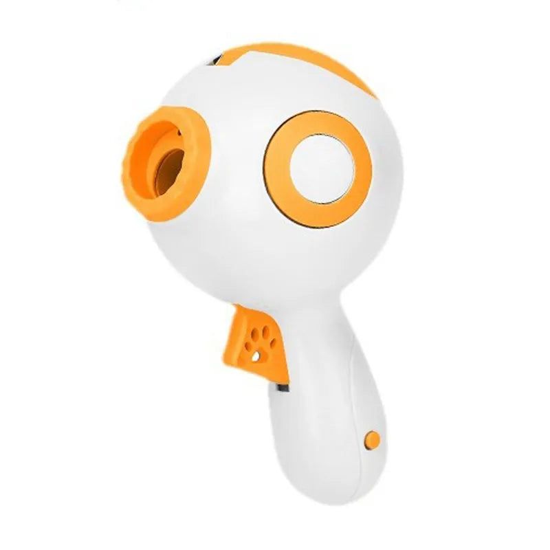 Green, orange, and pink plastic interactive dog treat launcher toy with remote feeding function.
