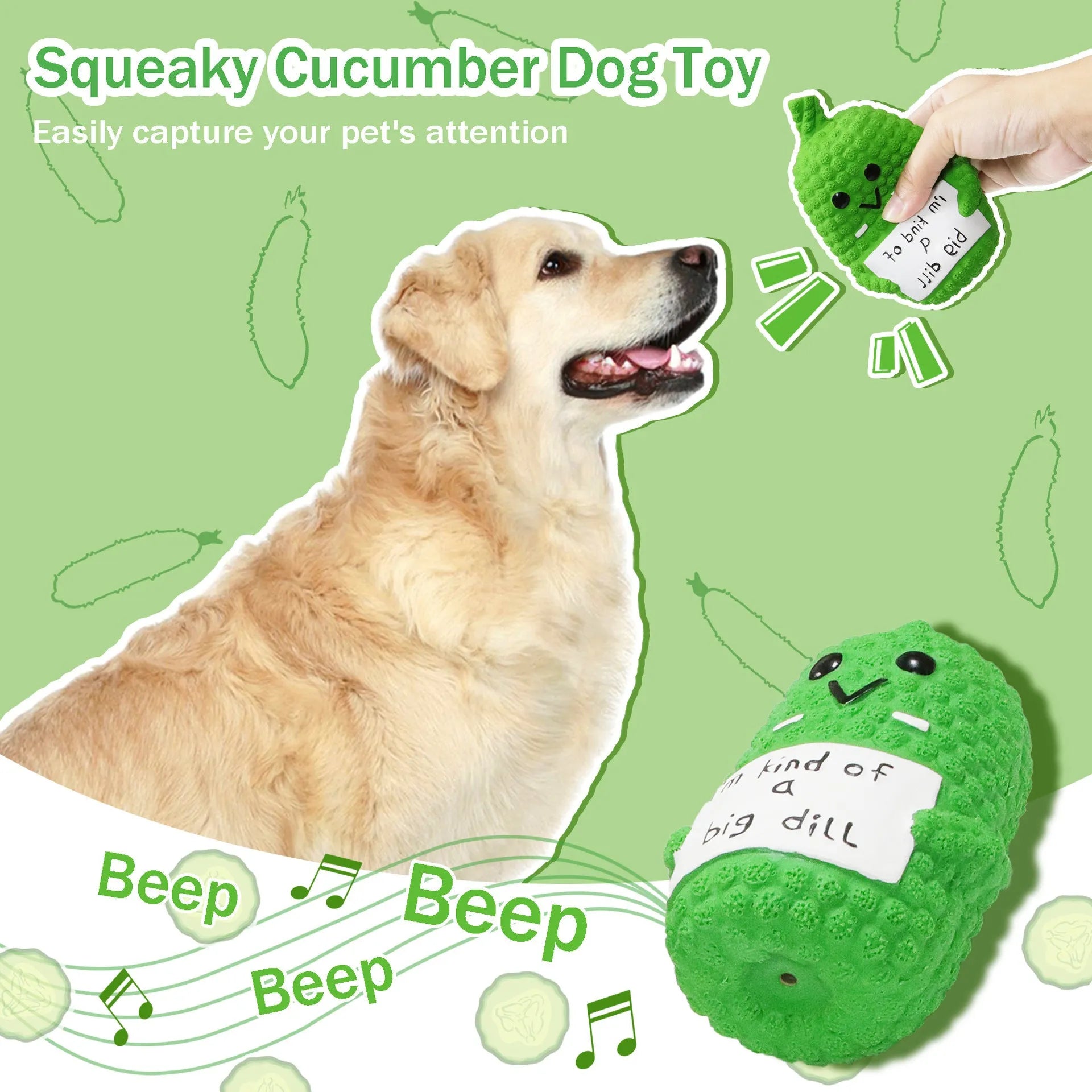 Green pickle-shaped squeaky dog toy with textured surface for teeth cleaning