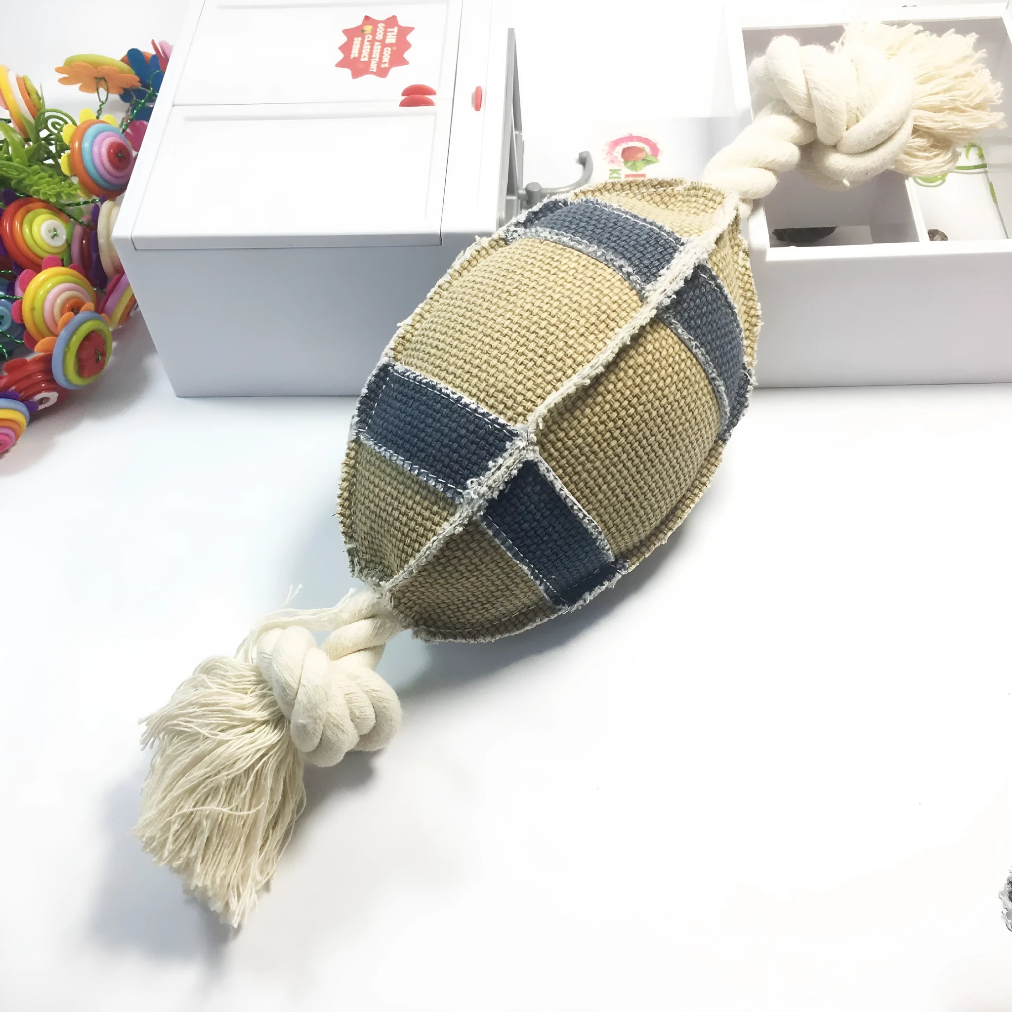 Linen cotton rope dog toy rugby football with bell, 24cm, bite resistant
