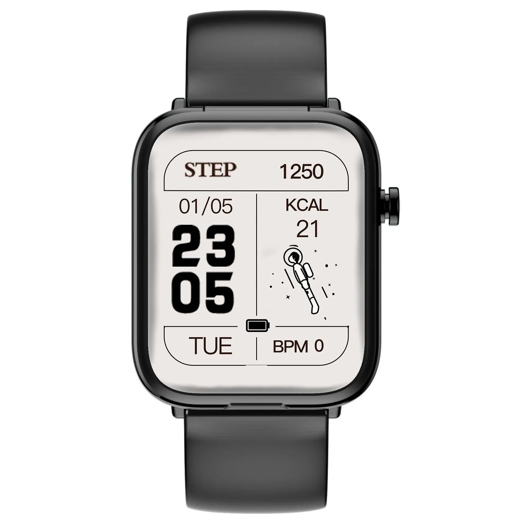 Black smartwatch with Bluetooth earbuds and charging case on a 1.69-inch touchscreen display.