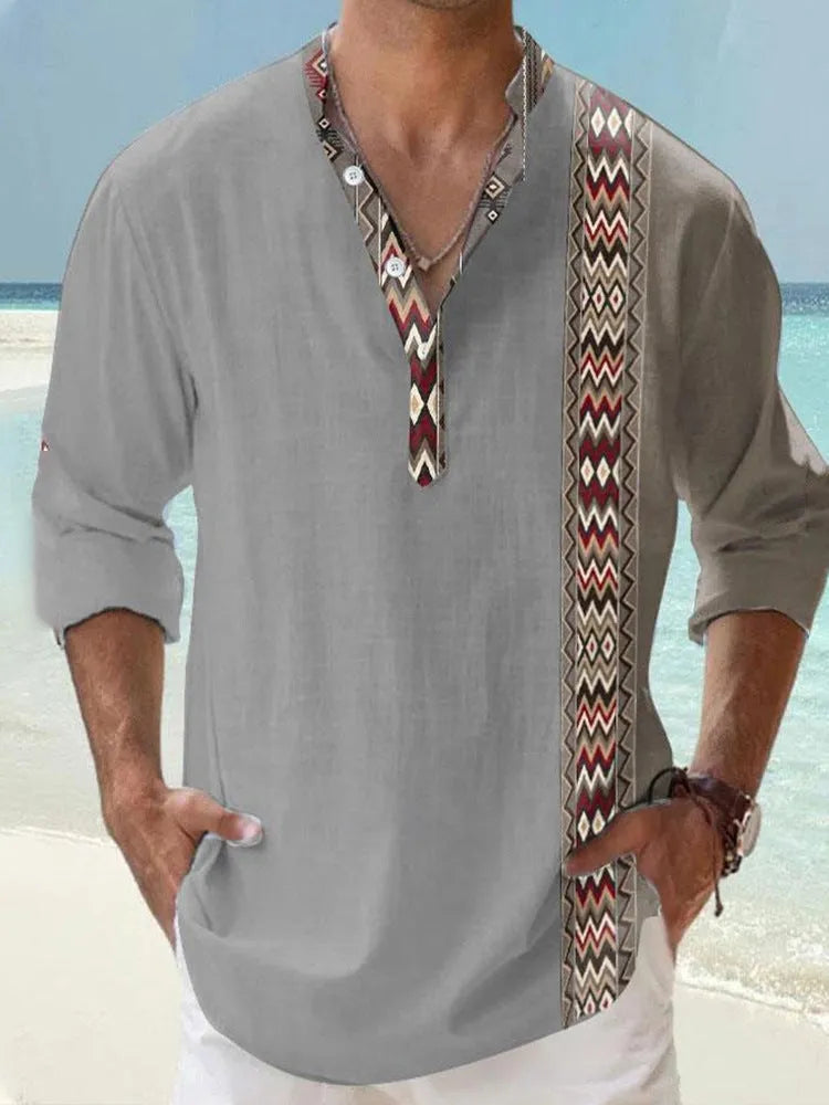 Long sleeve Hawaiian shirt with digital bamboo linen striped pattern in cardigan style