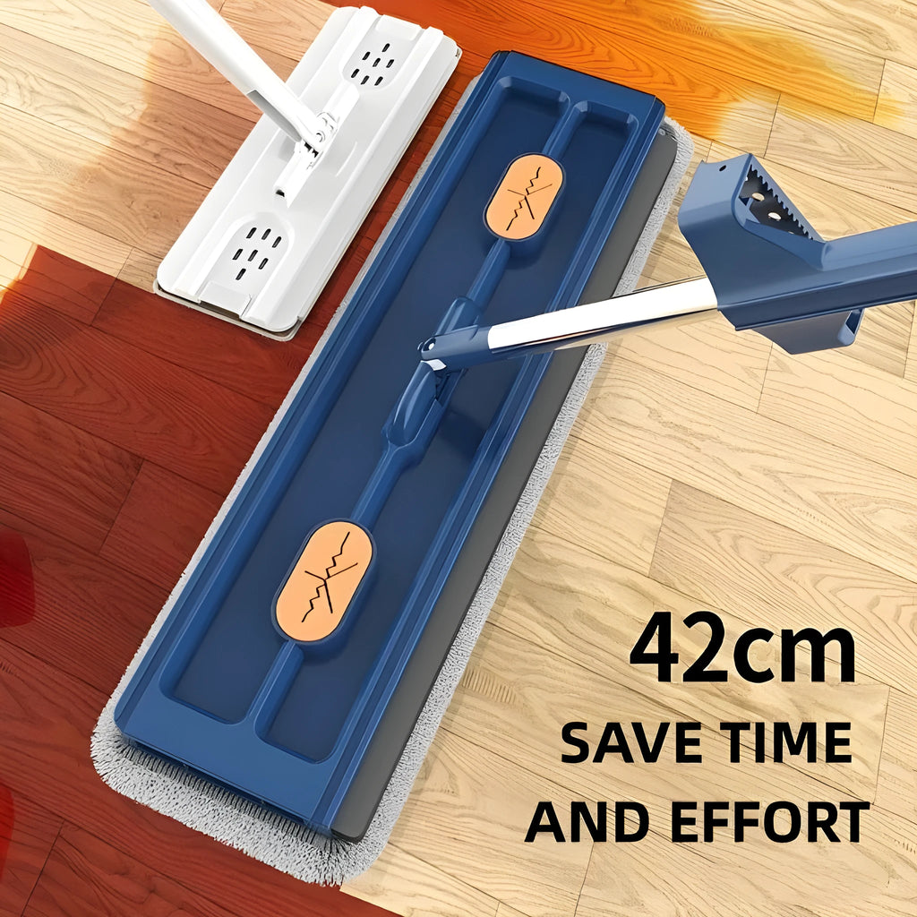 Large flat mop with stainless steel handle and 360-degree rotating head on hard floor
