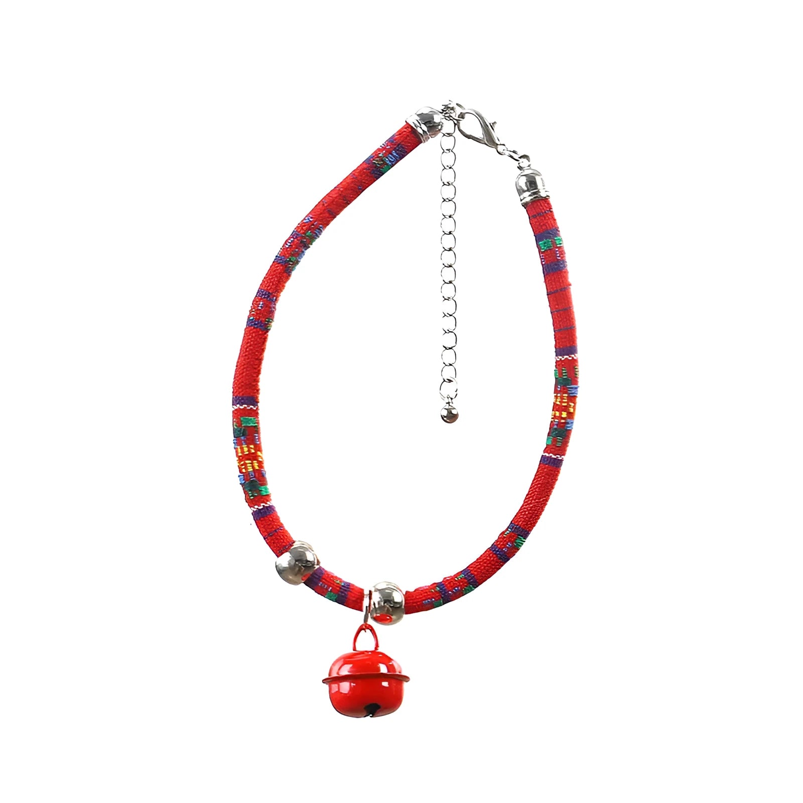 Coloured ethnic style adjustable pet collar with a bell for cats and dogs in black, blue, pink, red, and white.