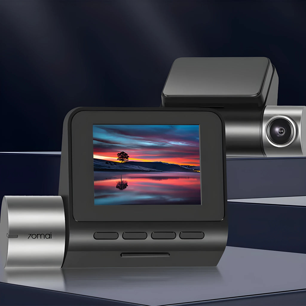 70 Mai rearview mirror dash cam installed in a car, showing the forward-facing camera lens