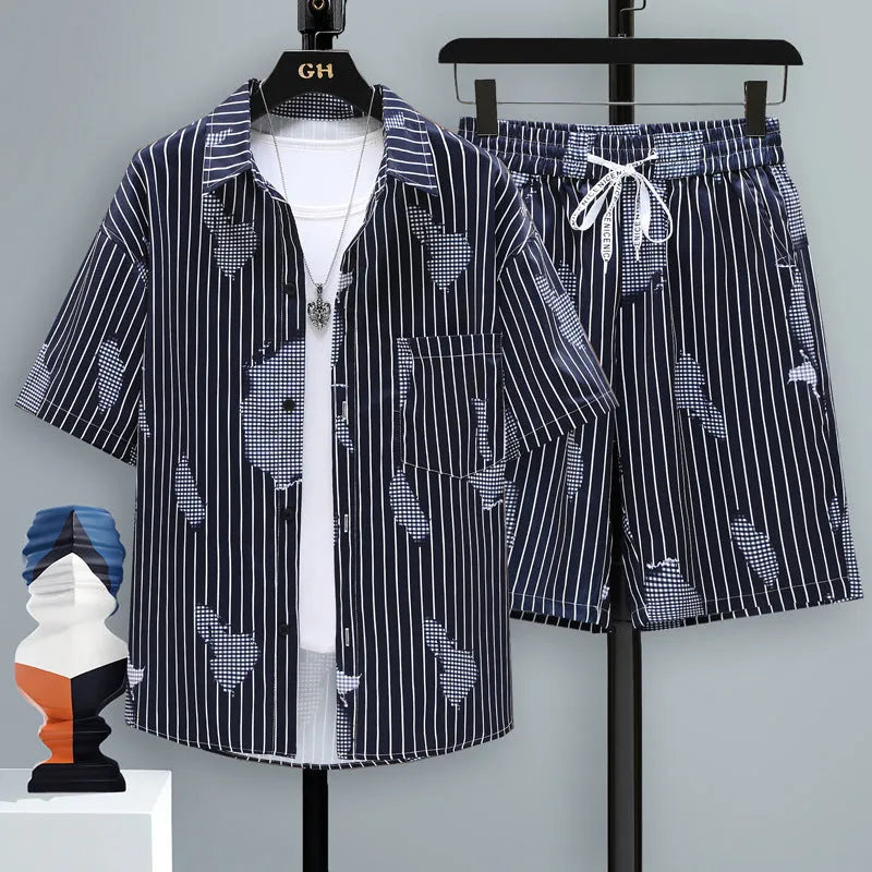 Men's grey casual polyester sports set with short sleeve top and shorts on a hanger.