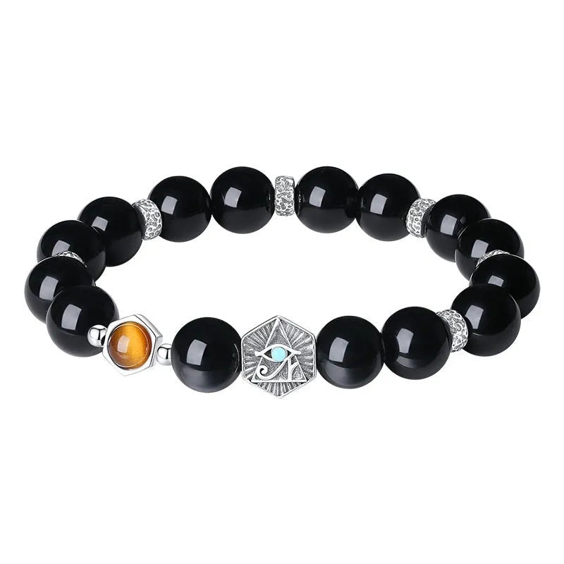 Men's geometric God's Eye obsidian bracelet in S925 sterling silver with retro styling