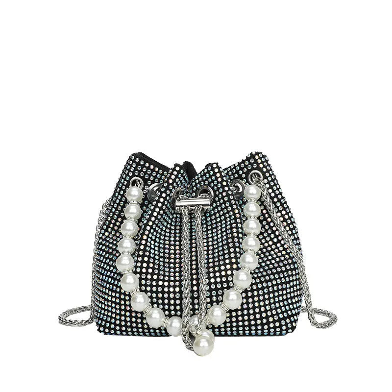 Women's light diamond shoulder bag with western chain strap in bucket shape