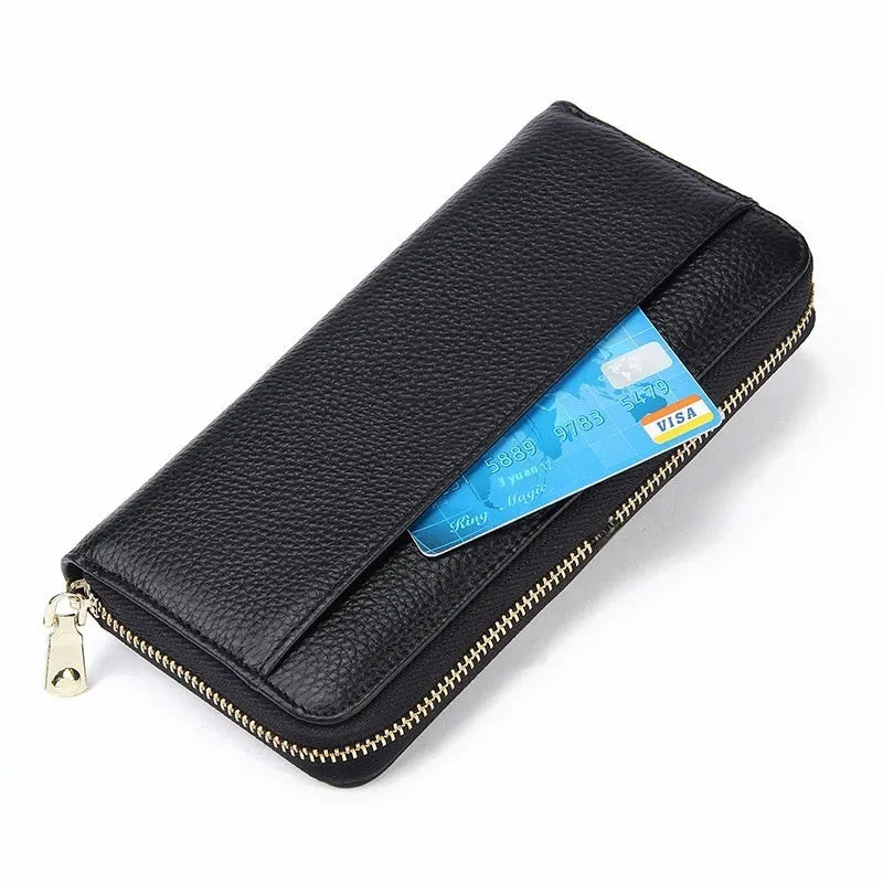 Long genuine leather women's wallet in six colour options showing large capacity and card organisation
