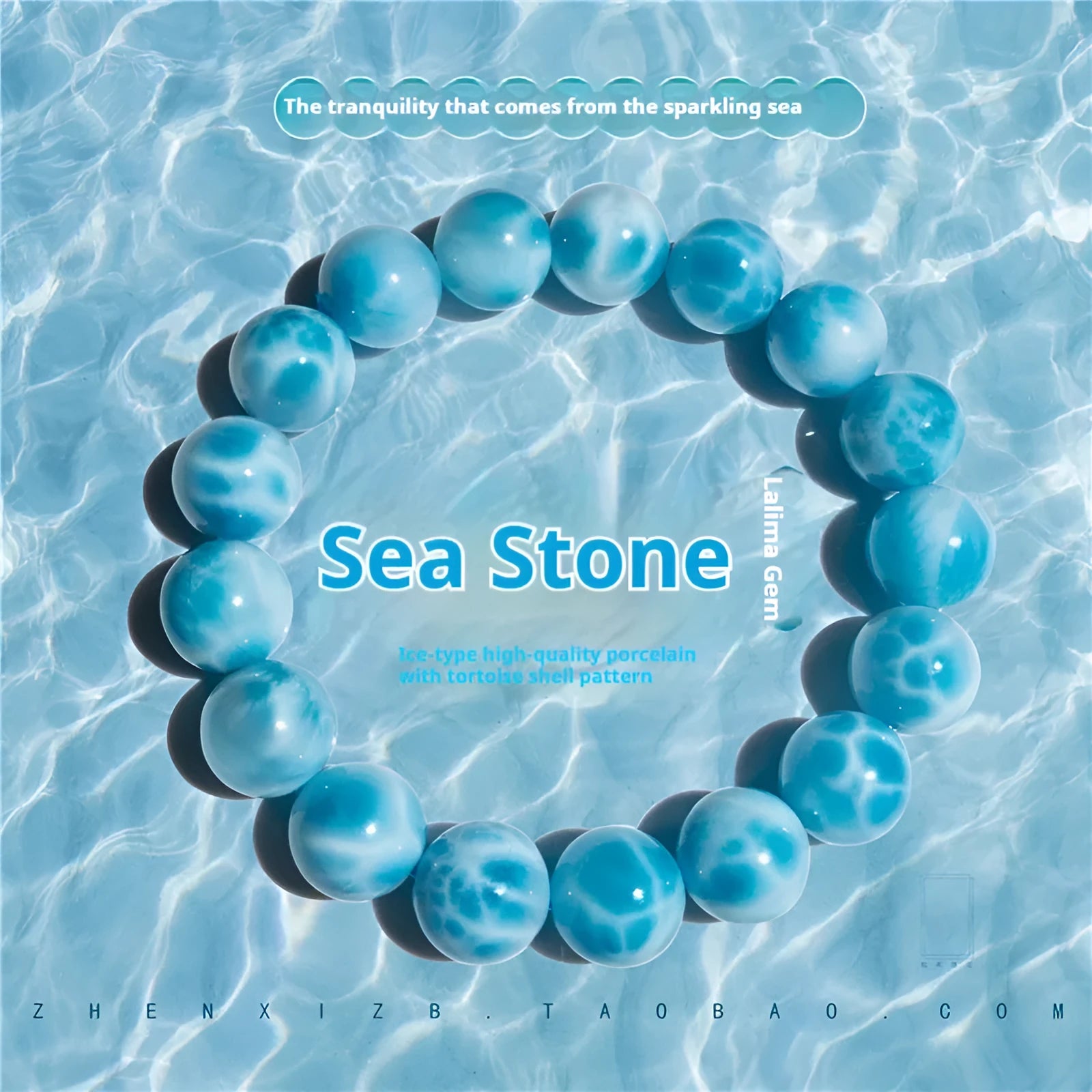 Blue handmade Bodhi bead bracelet with crystal sea-pattern stone and pearl accent on wrist