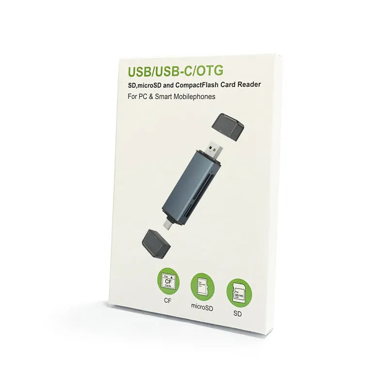 Silver aluminium CF, SD and TF three-in-one USB memory card reader on a white background.