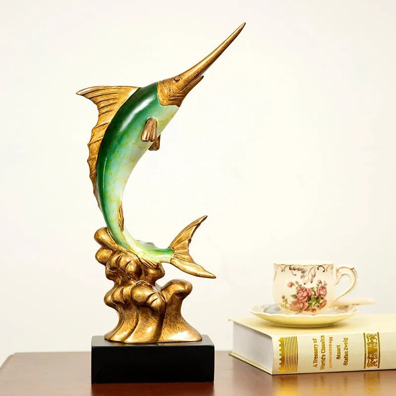 European style resin swordfish decoration ornament in Ocean Green, Lake Blue, Coral Red or Bright Gold for shelf display