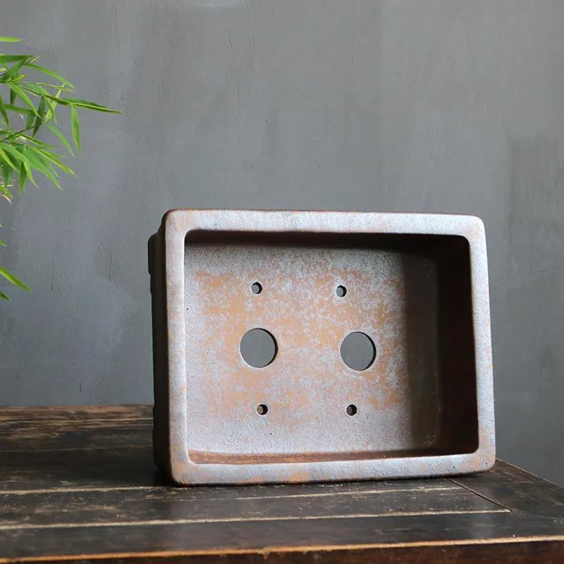 Rectangular purple sand bonsai pot with firewood burning finish, shown in large and small size options.